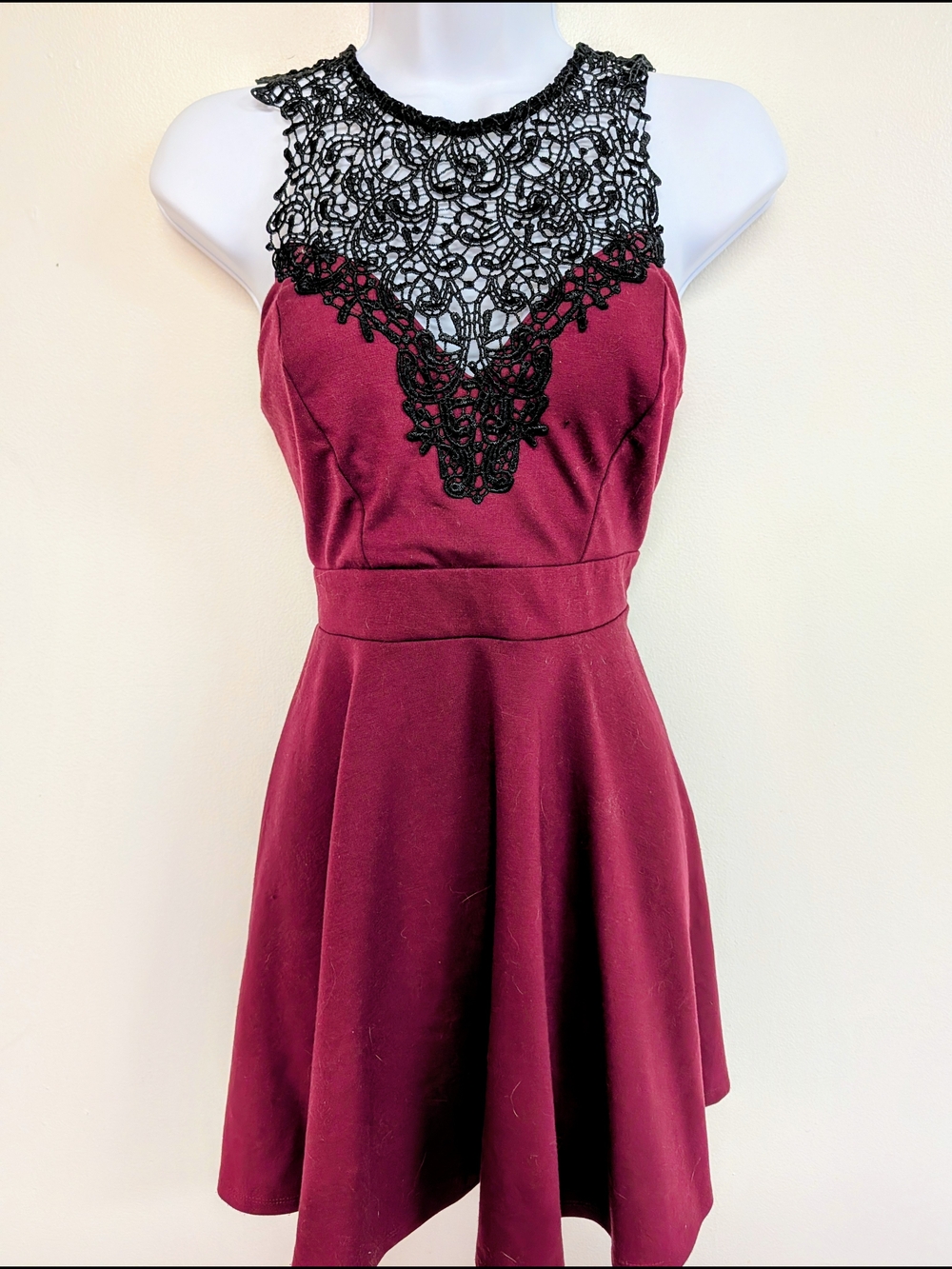 Burgundy Mini Dress with Black Lace Yoke